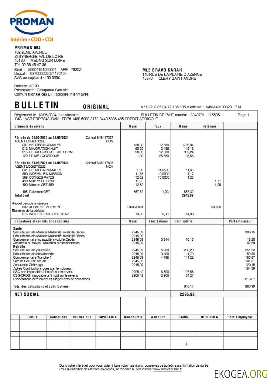 Modèle de fiche de paie Proman recrutement (en langue française) aux formats Word et PDF, version 2.pdf, 1